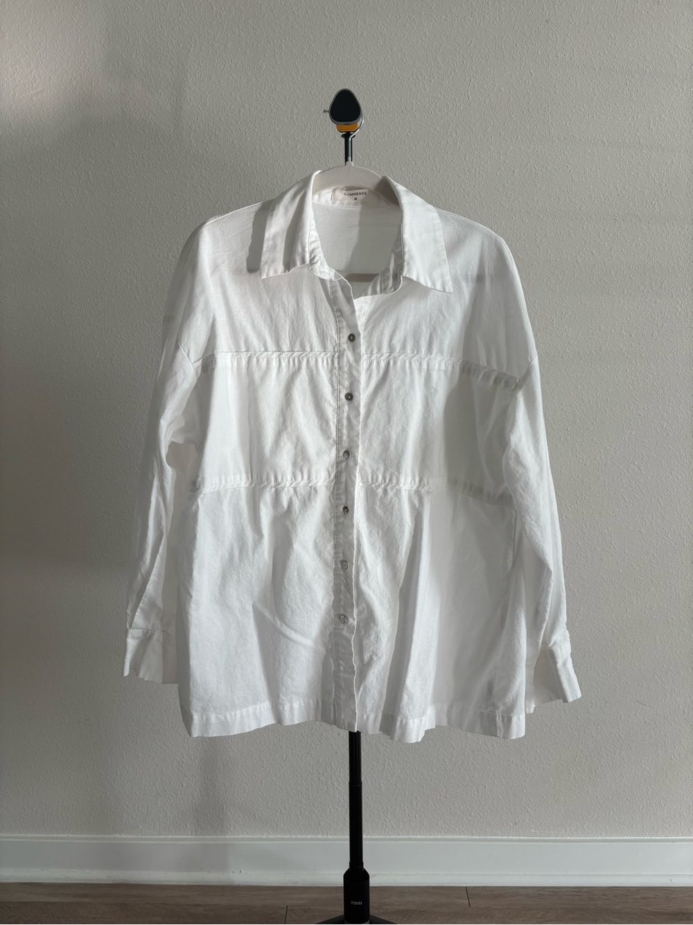 Commense White Linen Cotton Button-Up Shirt, Tiered Seam Detail, Size M
